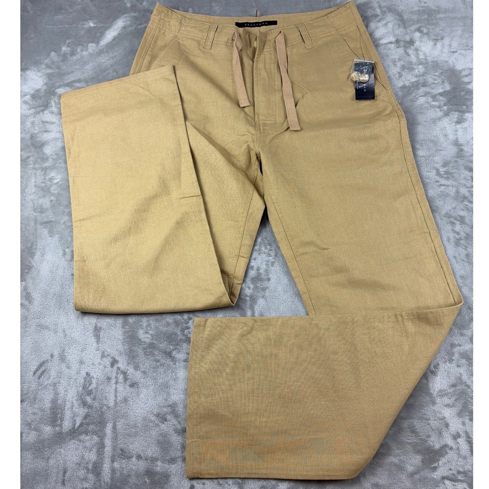 Sean John Mens Linen Blend Drawstring Pants Tan Khaki Straight Leg Size 34 NEW